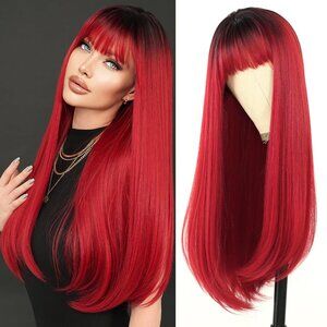 Long Straight Dark Red Wig with Bangs Red Wig with Black Roots Red Layered